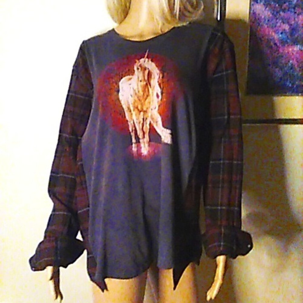 Unicorn Horse Mountain Upcycled T-Shirt Flannel Sleeves L-XL Boxy Fit Reworked
